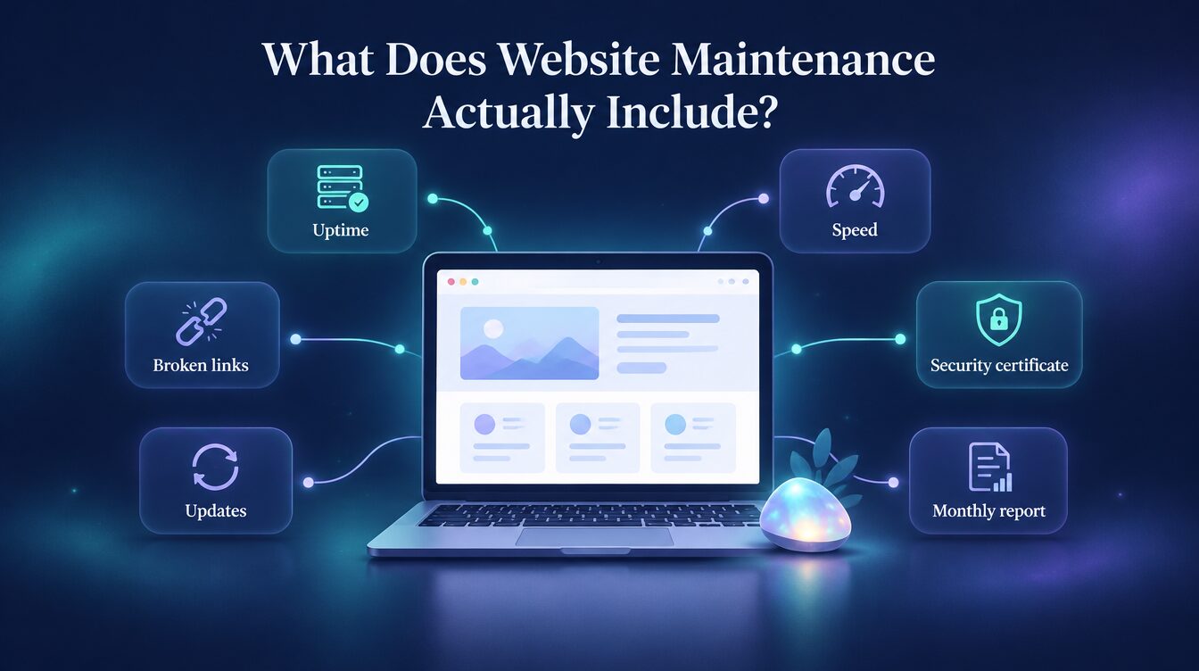 What Does Website Maintenance Actually Include? A laptop showing a simple web page, ringed by six glowing panels for uptime, speed, broken links, security certificate, updates and a monthly report, with a small opal stone beside it.