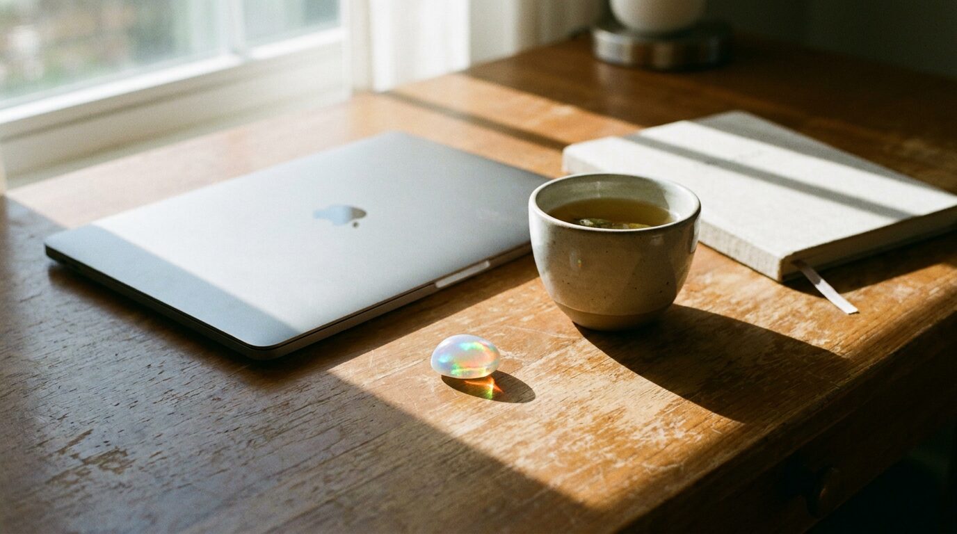 A small opal stone resting on a sunlit wooden desk beside a closed laptop and a cup of tea.