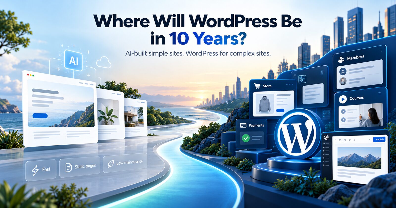 Where Will WordPress Be in 10 Years? AI built simple sites, WordPress for complex sites. On the left, light page cards marked fast, static pages and low maintenance; on the right, a glowing WordPress logo among panels for a store, members, courses and payments.