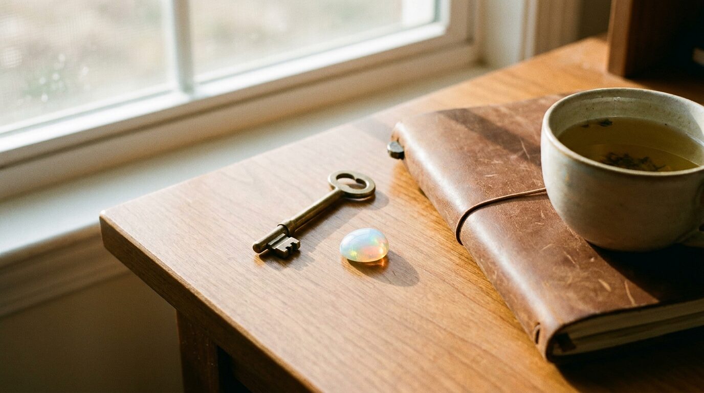 A small opal stone resting beside a brass key on a sunlit wooden desk next to a closed notebook.