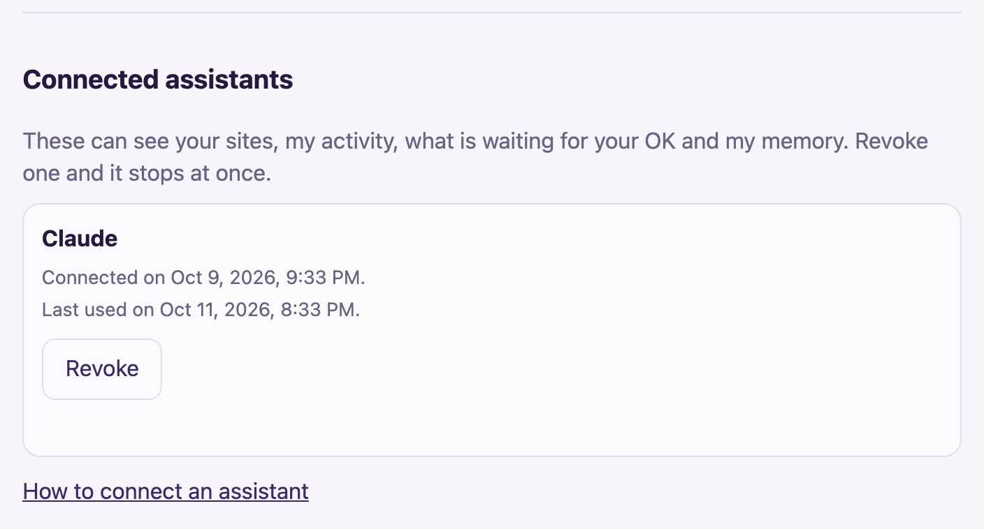 The Memory tab in the Opal app, at Connected assistants. Claude is listed with the day it connected, when it was last used, and a Revoke button, with the line How to connect an assistant under it.