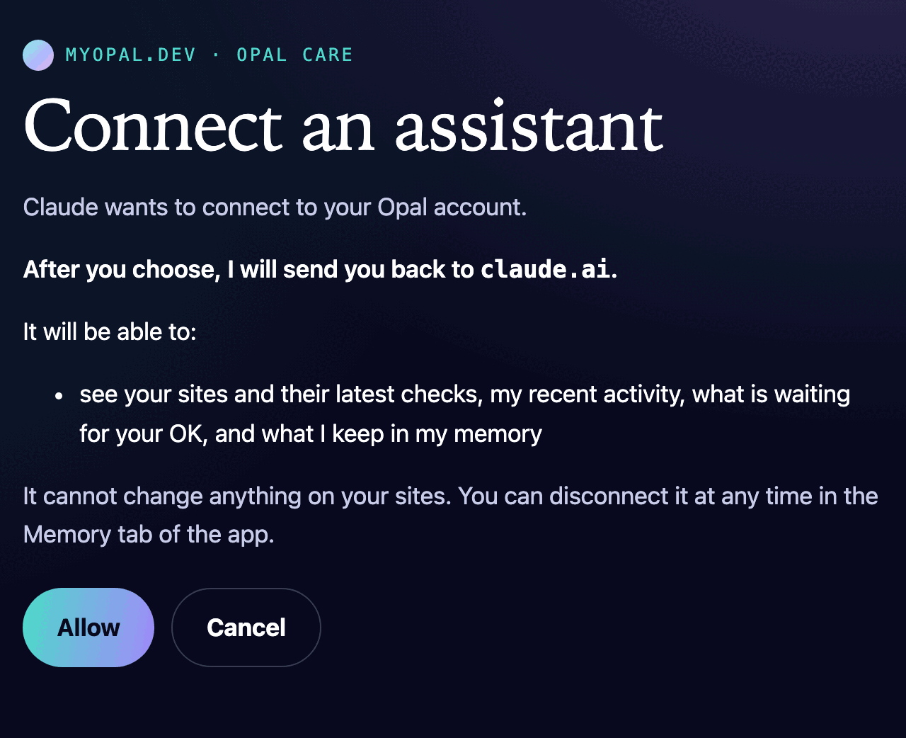 My page called Connect an assistant. It says Claude wants to connect to your Opal account, names the address I will send you back to, lists what it can see, and has Allow and Cancel buttons.